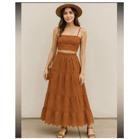Jason Wu Other - Jason Wu Skirt Set Eyelet Embroidery Midi Skirt Corset Crop Top Rust Sz Large
